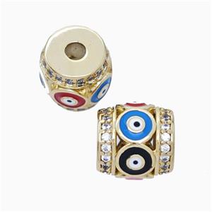 Copper Barrel Beads Pave Zirconia Multicolor Enamel Evil Eye Large Hole Gold Plated, approx 11mm, 3mm hole [FN45702]
