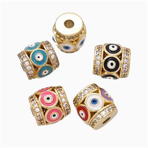 Copper Barrel Beads Pave Zirconia Enamel Evil Eye Large Hole Gold Plated Mixed, approx 11mm, 3mm hole [FN45703]