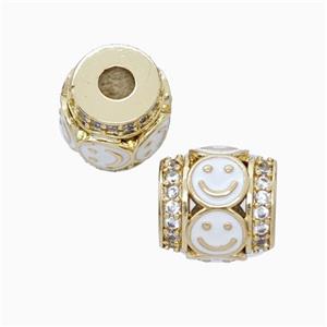 Copper Barrel Beads Pave Zirconia White Enamel Emoji Large Hole Gold Plated, approx 11mm, 3mm hole [FN45704]