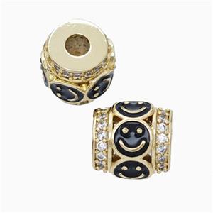 Copper Barrel Beads Pave Zirconia Black Enamel Emoji Large Hole Gold Plated, approx 11mm, 3mm hole [FN45705]