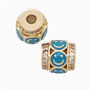 Copper Barrel Beads Pave Zirconia Teal Enamel Emoji Large Hole Gold Plated, approx 11mm, 3mm hole [FN45707]