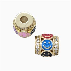 Copper Barrel Beads Pave Zirconia Multicolor Enamel Emoji Large Hole Gold Plated, approx 11mm, 3mm hole [FN45709]