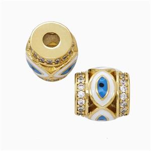 Copper Barrel Beads Pave Zirconia Blue Enamel Eye Large Hole Gold Plated, approx 9-10mm, 3mm hole [FN45713]