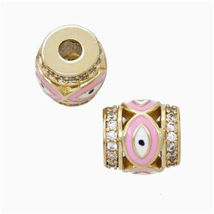 Copper Barrel Beads Pave Zirconia Pink Enamel Eye Large Hole Gold Plated, approx 9-10mm, 3mm hole [FN45714]
