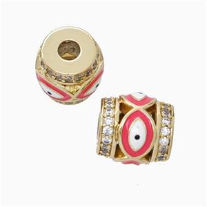 Copper Barrel Beads Pave Zirconia Red Enamel Eye Large Hole Gold Plated, approx 9-10mm, 3mm hole [FN45716]