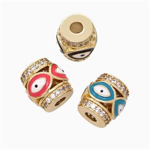 Copper Barrel Beads Pave Zirconia Enamel Eye Large Hole Gold Plated Mixed, approx 9-10mm, 3mm hole [FN45717]