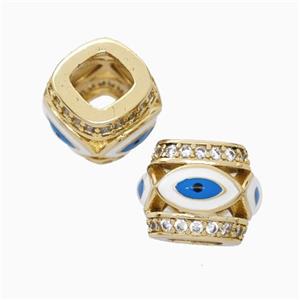Copper Barrel Beads Pave Zirconia White Enamel Eye Large Hole Gold Plated, approx 10-12mm, 5mm hole [FN45718]