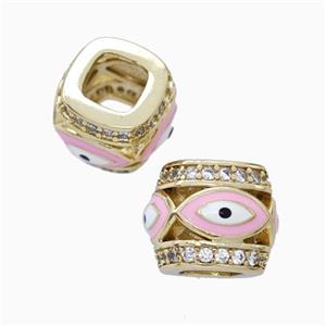 Copper Barrel Beads Pave Zirconia Pink Enamel Eye Large Hole Gold Plated, approx 10-12mm, 5mm hole [FN45719]