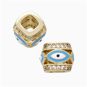 Copper Barrel Beads Pave Zirconia Blue Enamel Eye Large Hole Gold Plated, approx 10-12mm, 5mm hole [FN45720]