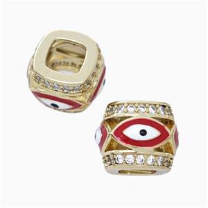 Copper Barrel Beads Pave Zirconia Red Enamel Eye Large Hole Gold Plated, approx 10-12mm, 5mm hole [FN45721]