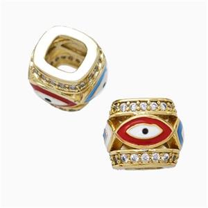 Copper Barrel Beads Pave Zirconia Multicolor Enamel Eye Large Hole Gold Plated, approx 10-12mm, 5mm hole [FN45722]