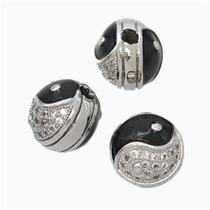 Copper Taichi Beads Pave Zirconia Black Enamel Large Hole Yinyang Platinum Plated, approx 11-12mm, 2.5mm hole [FN45724]