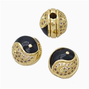 Copper Taichi Beads Pave Zirconia Black Enamel Round Large Hole Yinyang Gold Plated, approx 11-12mm, 2.5mm hole [FN45725]