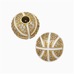 Copper Basketball Beads Pave Zirconia White Enamel Round Sport Gold Plated, approx 11.5mm, 3mm hole [FN45726]