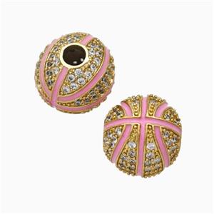 Copper Basketball Beads Pave Zirconia Pink Enamel Round Sport Gold Plated, approx 11.5mm, 3mm hole [FN45729]