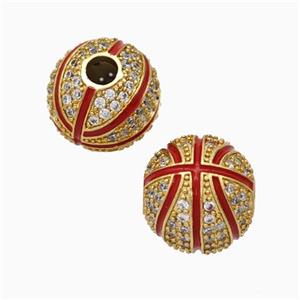 Copper Basketball Beads Pave Zirconia Red Enamel Round Sport Gold Plated, approx 11.5mm, 3mm hole [FN45730]
