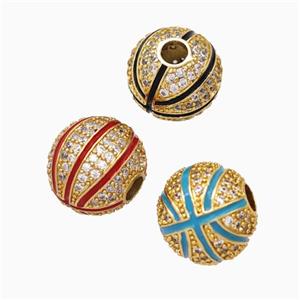 Copper Basketball Beads Pave Zirconia Enamel Round Sport Gold Plated Mixed, approx 11.5mm, 3mm hole [FN45731]