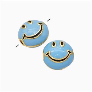 Copper Emoji Beads Blue Enamel Smileface Gold Plated, approx 6-10mm [FN45743]
