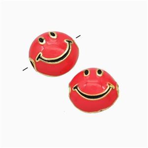 Copper Emoji Beads Red Enamel Smileface Gold Plated, approx 6-10mm [FN45746]