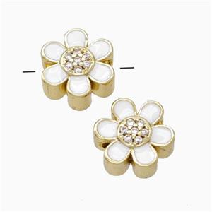 Copper Flower Beads Micropave Zirconia White Enamel Gold Plated, approx 10mm [FN45748]