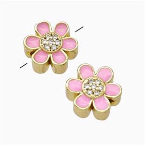 Copper Flower Beads Micropave Zirconia Pink Enamel Gold Plated, approx 10mm [FN45749]