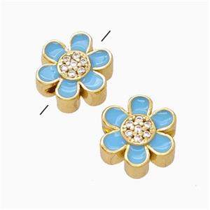 Copper Flower Beads Micropave Zirconia Blue Enamel Gold Plated, approx 10mm [FN45750]