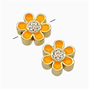 Copper Flower Beads Micropave Zirconia Orange Enamel Gold Plated, approx 10mm [FN45752]