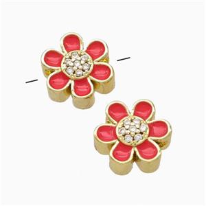 Copper Flower Beads Micropave Zirconia Red Enamel Gold Plated, approx 10mm [FN45753]