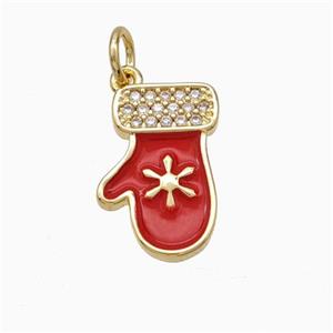 Christmas Mitten Charms Copper Pendant Pave Zirconia Red Enamel Gold Plated, approx 10-15mm [FN45758]
