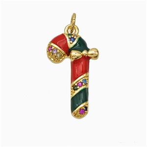 Christmas Candy Cane Charms Copper Pendant Pave Zirconia Red Enamel Gold Plated, approx 10-17mm [FN45759]