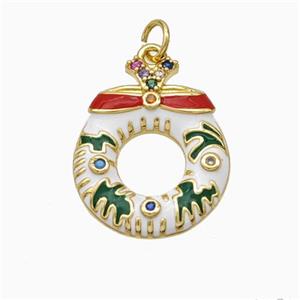 Christmas Wreath Charms Copper Pendant Pave Zirconia Enamel Gold Plated, approx 14-17mm [FN45763]
