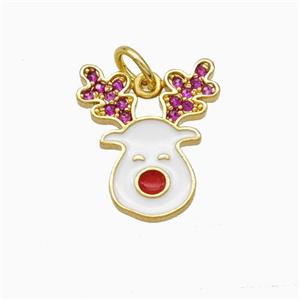 Christmas Reindeer Charms Copper Pendant Pave Zirconia White Enamel Gold Plated, approx 13-15mm [FN45764]