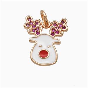 Christmas Reindeer Charms Copper Pendant Pave Zirconia White Enamel Rose Gold, approx 13-15mm [FN45765]