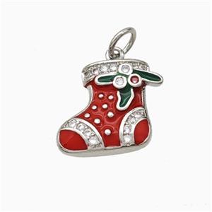 Christmas Stocking Charms Copper Pendant Pave Zirconia Red Enamel Platinum Plated, approx 12-15mm [FN45766]