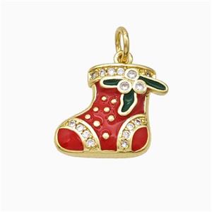 Christmas Stocking Charms Copper Pendant Pave Zirconia Red Enamel Gold Plated, approx 12-15mm [FN45767]