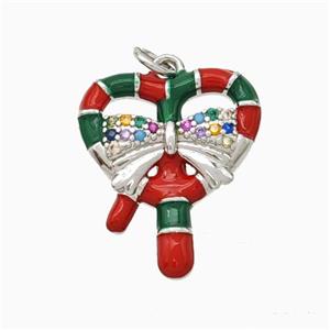 Christmas Candy Cane Copper Pendant Pave Zirconia Red Enamel Ribbon Platinum Plated, approx 15-18mm [FN45768]