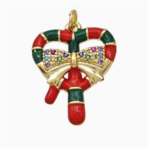 Christmas Candy Cane Copper Pendant Pave Zirconia Red Enamel Ribbon Gold Plated, approx 15-18mm [FN45769]