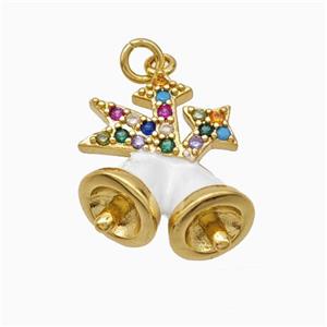 Christmas Bell Charms Copper Pendant Pave Zirconia White Enamel Gold Plated, approx 14-17mm [FN45770]