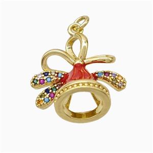 Christmas Bell Charms Copper Pendant Pave Zirconia Red Enamel Gold Plated, approx 17mm [FN45773]