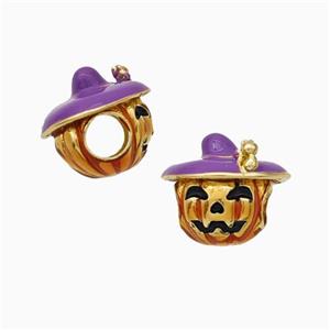 Halloween Witch Charms Copper Beads Purple Enamel Large Hole Gold Plated, approx 12mm, 4mm hole [FN45774]
