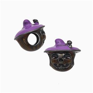 Halloween Witch Charms Copper Beads Purple Enamel Large Hole Black Plated, approx 12mm, 4mm hole [FN45775]