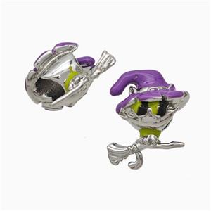Halloween Witch Charms Copper Beads Broom Purple Enamel Large Hole Platinum Plated, approx 11-15mm, 4mm hole [FN45776]