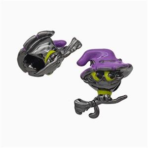 Halloween Witch Charms Copper Beads Broom Purple Enamel Large Hole Black Plated, approx 11-15mm, 4mm hole [FN45778]