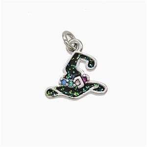 Halloween Hat Charms Copper Pendant Pave Zirconia Black Enamel Platinum Plated, approx 8-11mm [FN45782]