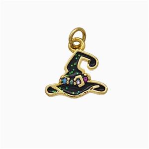 Halloween Hat Charms Copper Pendant Pave Zirconia Black Enamel Gold Plated, approx 8-11mm [FN45783]