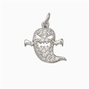 Halloween Ghost Charms Copper Pendant Pave Zirconia Platinum Plated, approx 13mm [FN45800]