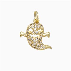 Halloween Ghost Charms Copper Pendant Pave Zirconia Gold Plated, approx 13mm [FN45801]