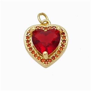 Copper Heart Pendant Micropave Zirconia Red Crystal Glass Gold Plated, approx 10mm, 16mm [FN45835]