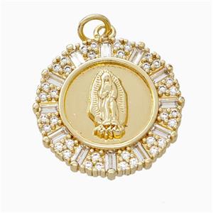 Virgin Mary Charms Copper Pendant Pave Zirconia Circle Gold Plated, approx 20mm [FN45857]