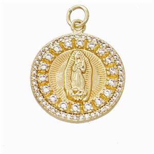 Virgin Mary Charms Copper Pendant Pave Zirconia Circle Gold Plated, approx 18.5mm [FN45858]